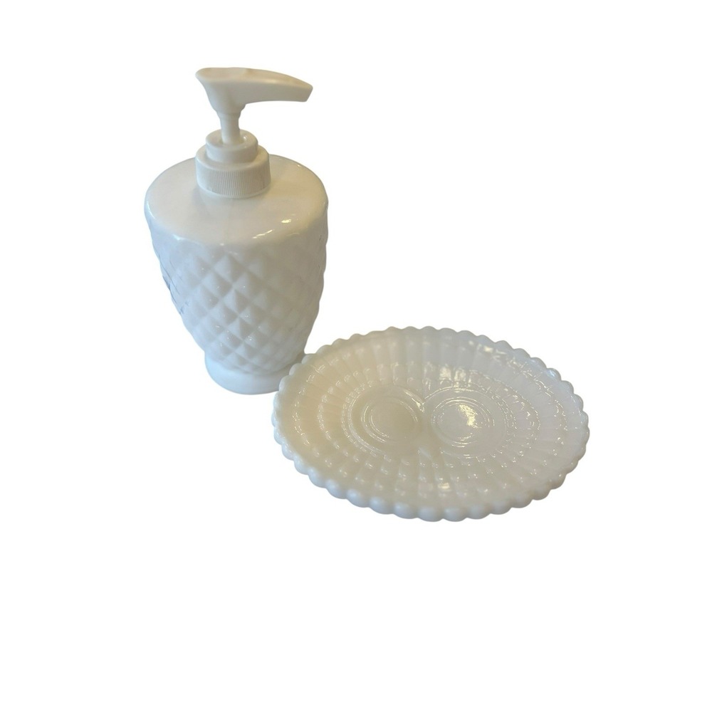 Vintage Avon Milk Glass Owl Soap/Trinket Dish with Milk Glass Lotion Dispenser
